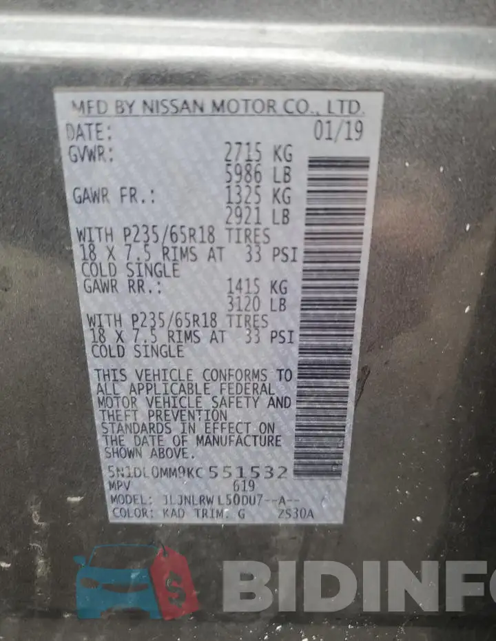 5N1DL0MM9KC551532 Photo# 13