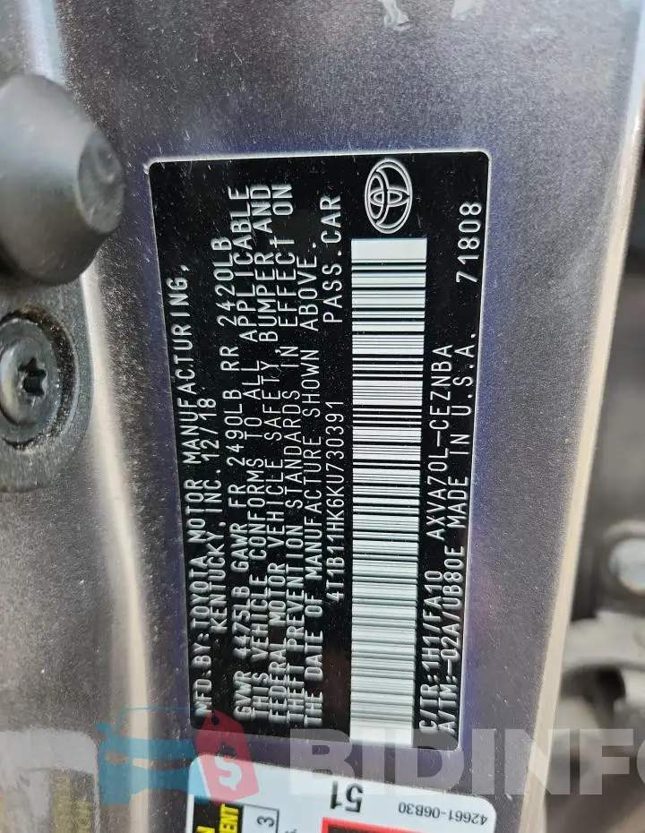 4T1B11HK6KU730391 Photo# 12