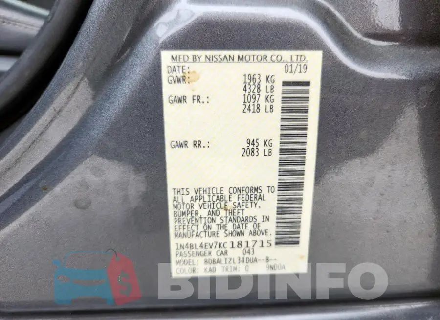 1N4BL4EV7KC181715 Photo# 12