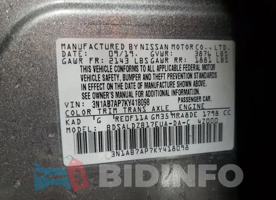 3N1AB7AP7KY418098 Photo# 12