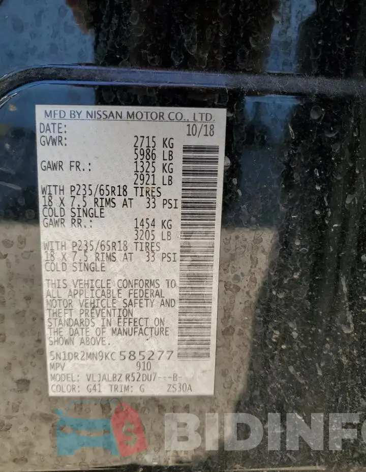 5N1DR2MN9KC585277 Photo# 13
