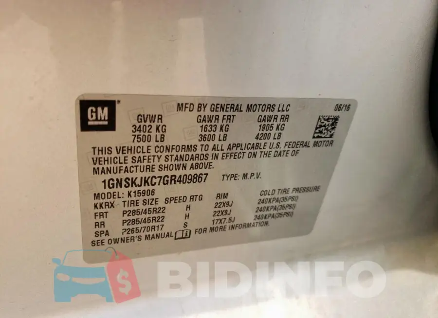 1GNSKJKC7GR409867 Photo# 13