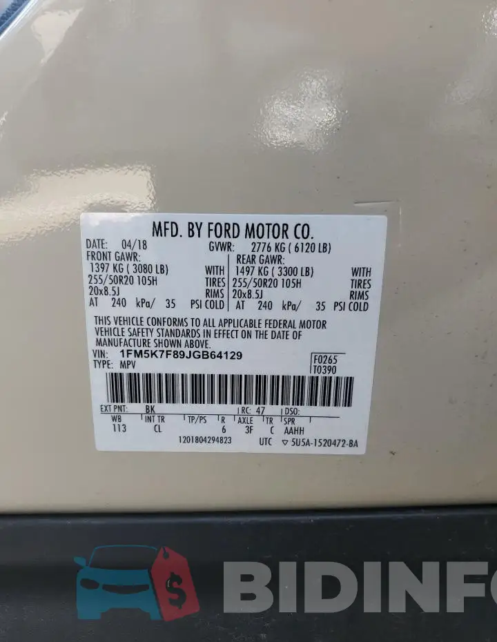 1FM5K7F89JGB64129 Photo# 13