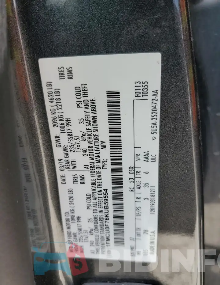 1FMCU0F76KUB59554 Photo# 13