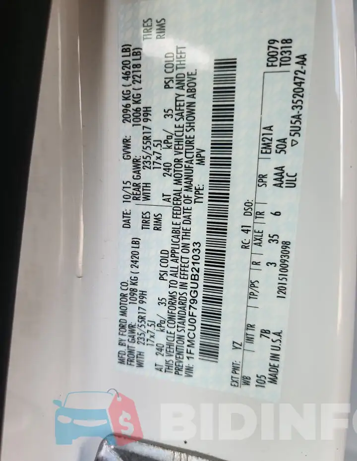 1FMCU0F79GUB21033 Photo# 13