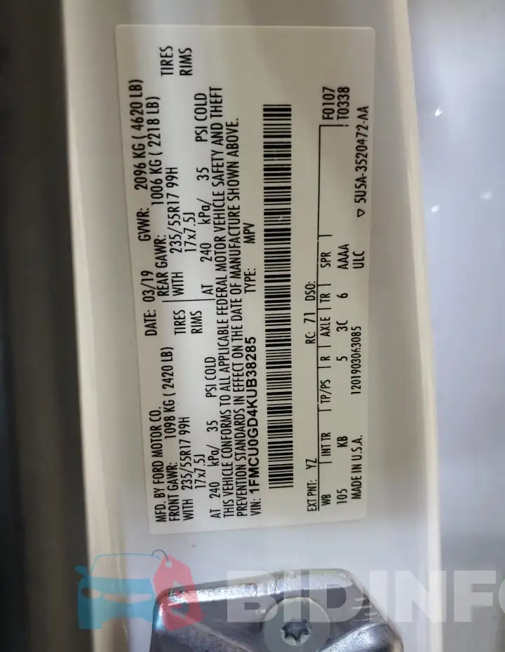 1FMCU0GD4KUB38285 Photo# 13
