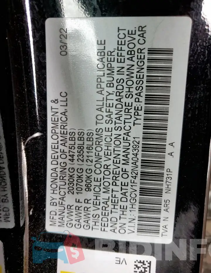 1HGCV1F42NA043921 Photo# 12