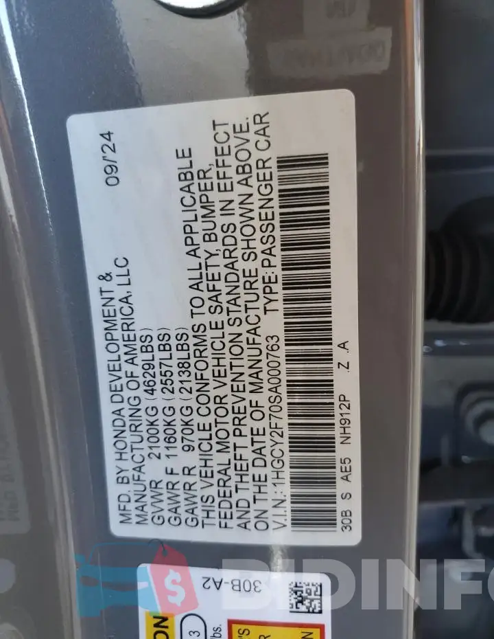 1HGCY2F70SA000763 Photo# 12