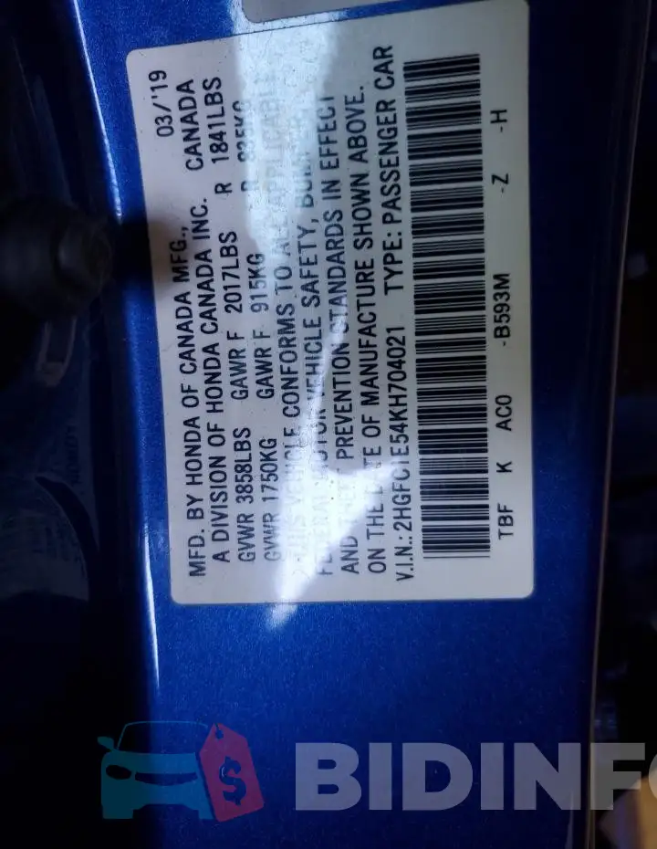 2HGFC1E54KH704021 Photo# 12