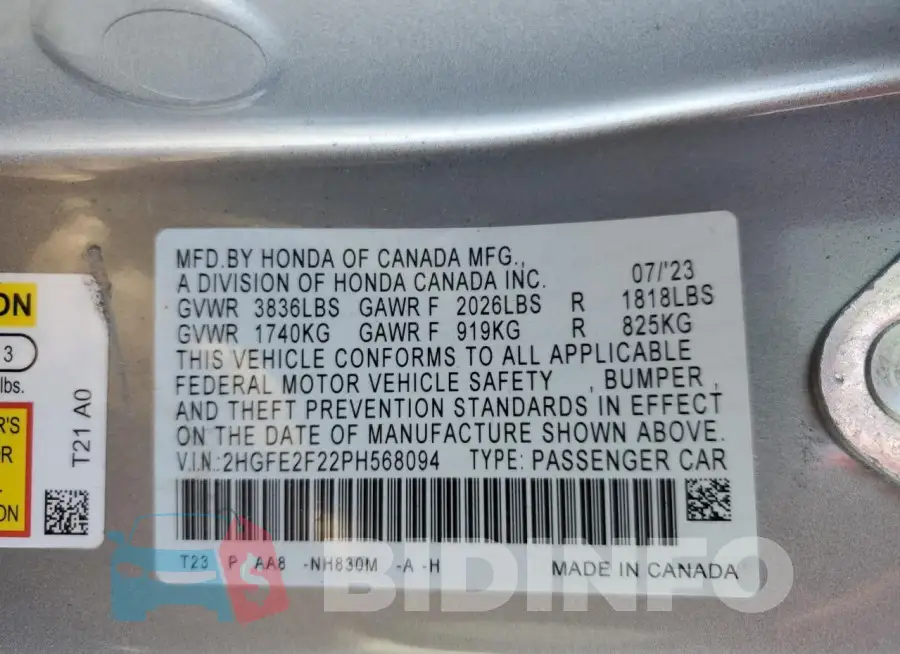 2HGFE2F22PH568094 Photo# 12