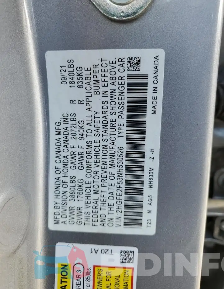 2HGFE2F53NH530526 Photo# 12