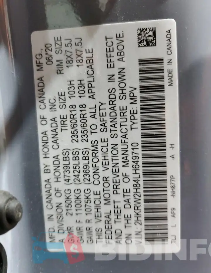 2HKRW2H84LH649710 Photo# 13