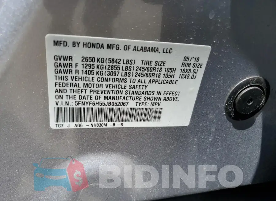 5FNYF6H55JB052067 Photo# 13