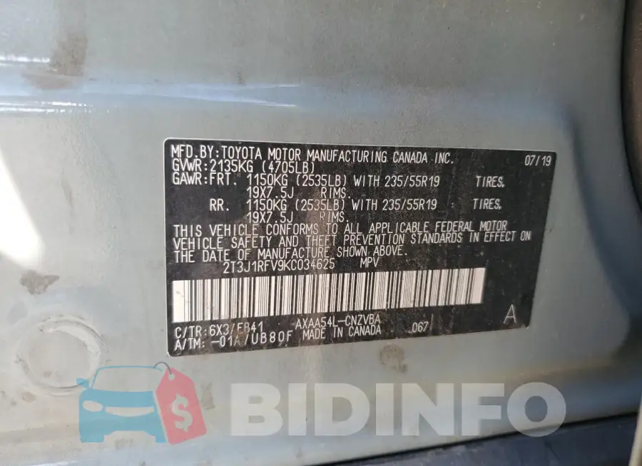 2T3J1RFV9KC034625 Photo# 13