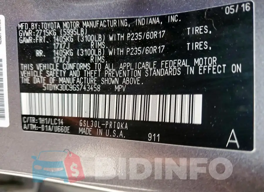 5TDYK3DC9GS743458 Photo# 14