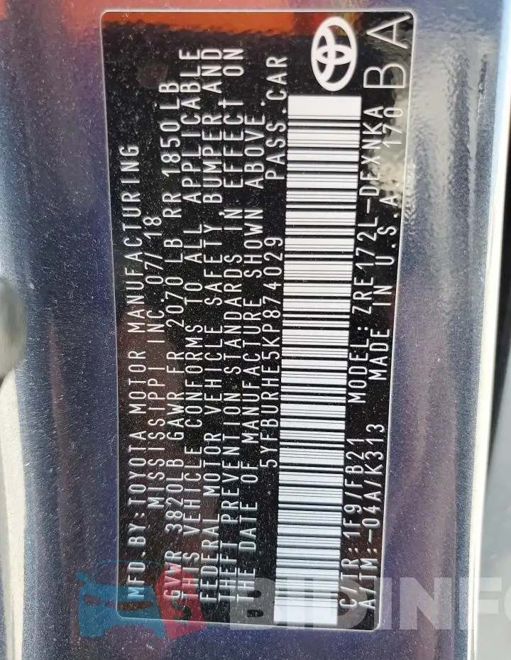 5YFBURHE5KP874029 Photo# 12
