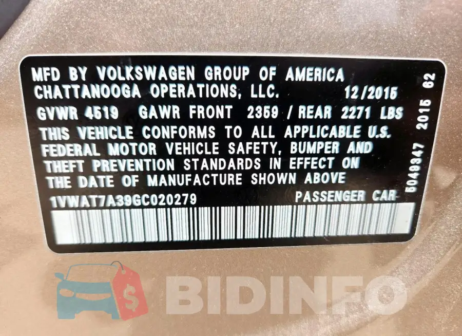 1VWAT7A39GC020279 Photo# 13