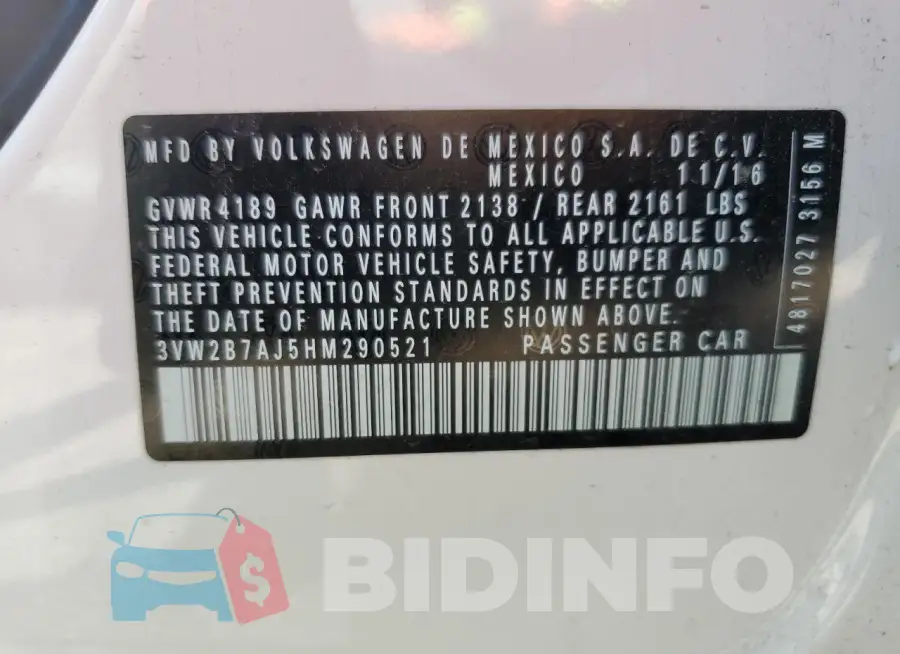 3VW2B7AJ5HM290521 Photo# 13