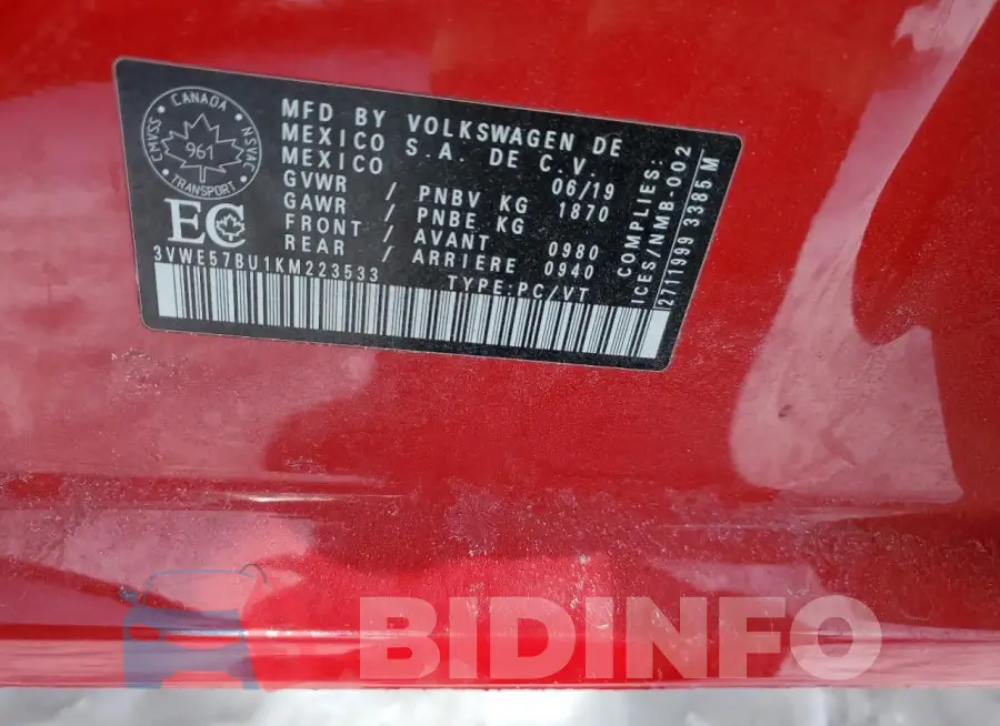 3VWE57BU1KM223533 Photo# 12