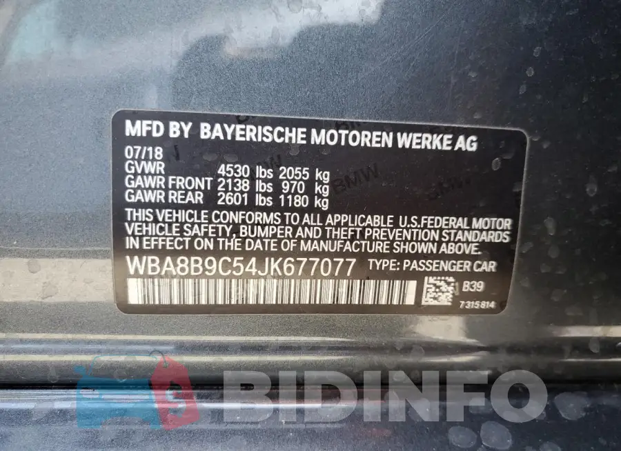 WBA8B9C54JK677077 Photo# 12