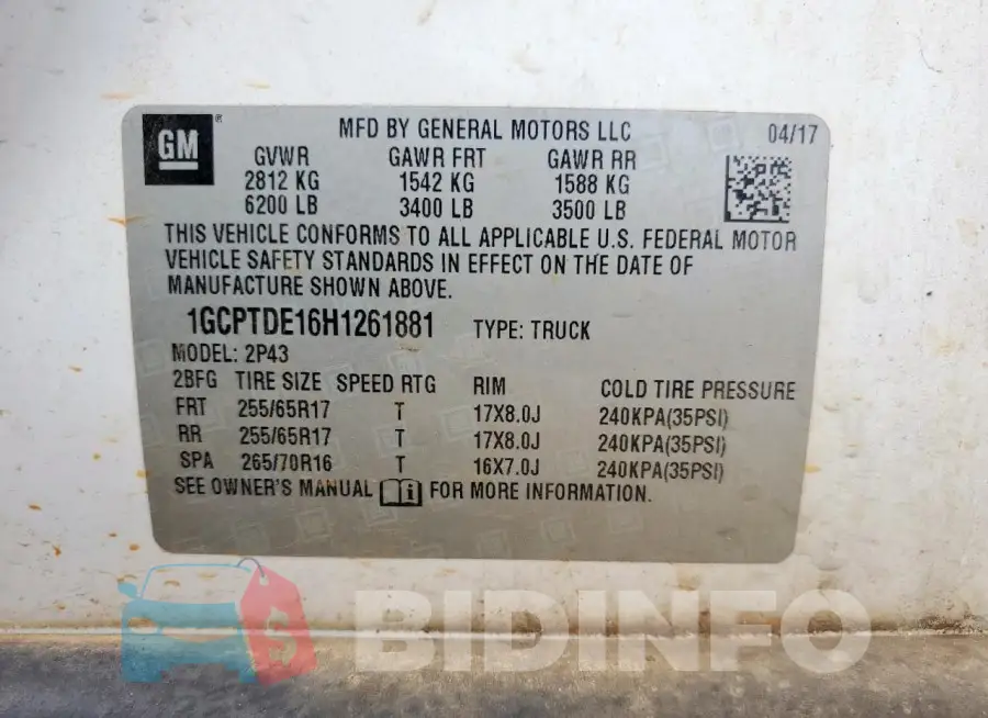 1GCPTDE16H1261881 Photo# 12