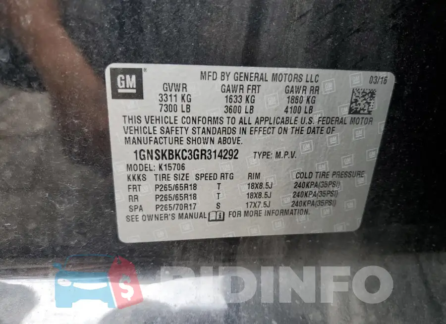 1GNSKBKC3GR314292 Photo# 13