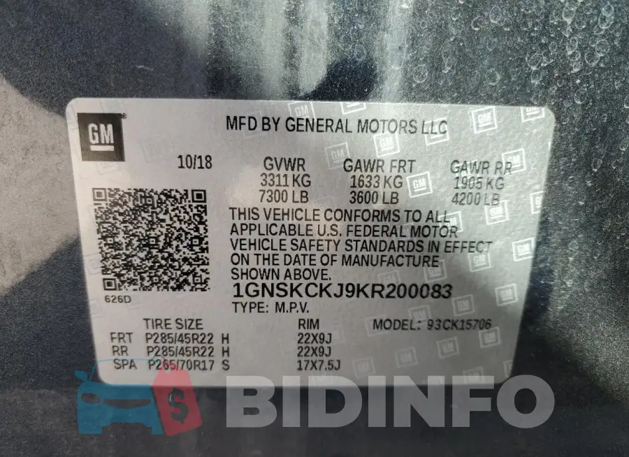 1GNSKCKJ9KR200083 Photo# 13