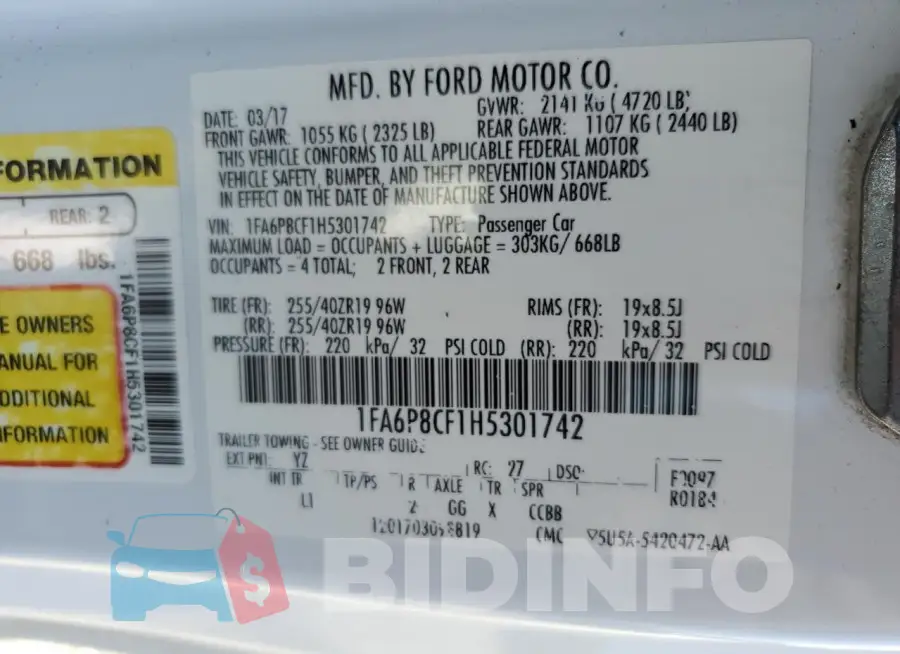 1FA6P8CF1H5301742 Photo# 12