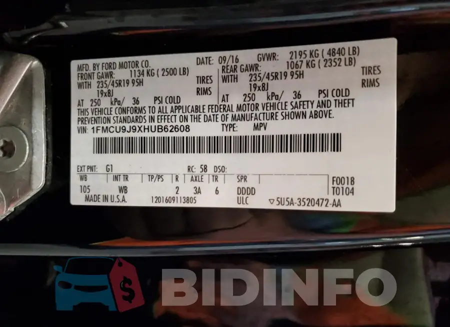 1FMCU9J9XHUB62608 Photo# 14