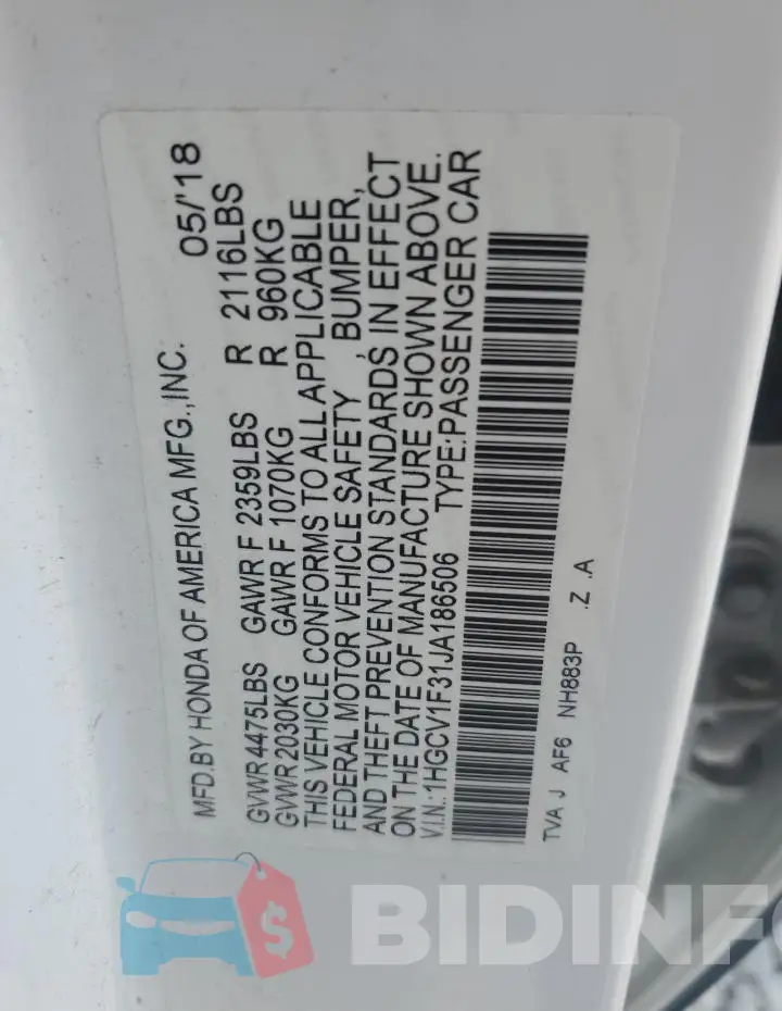 1HGCV1F31JA186506 Photo# 12