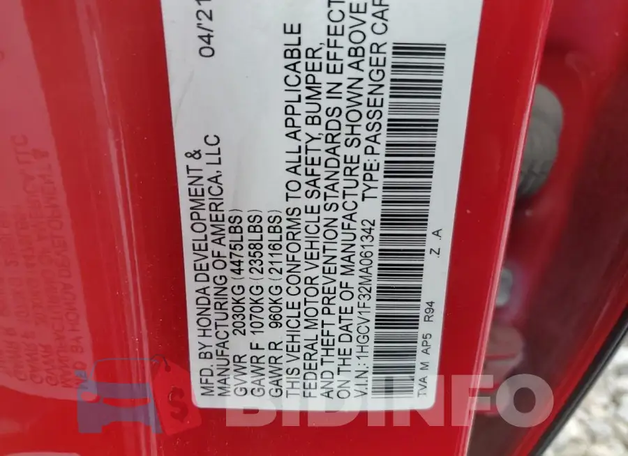 1HGCV1F32MA061342 Photo# 12