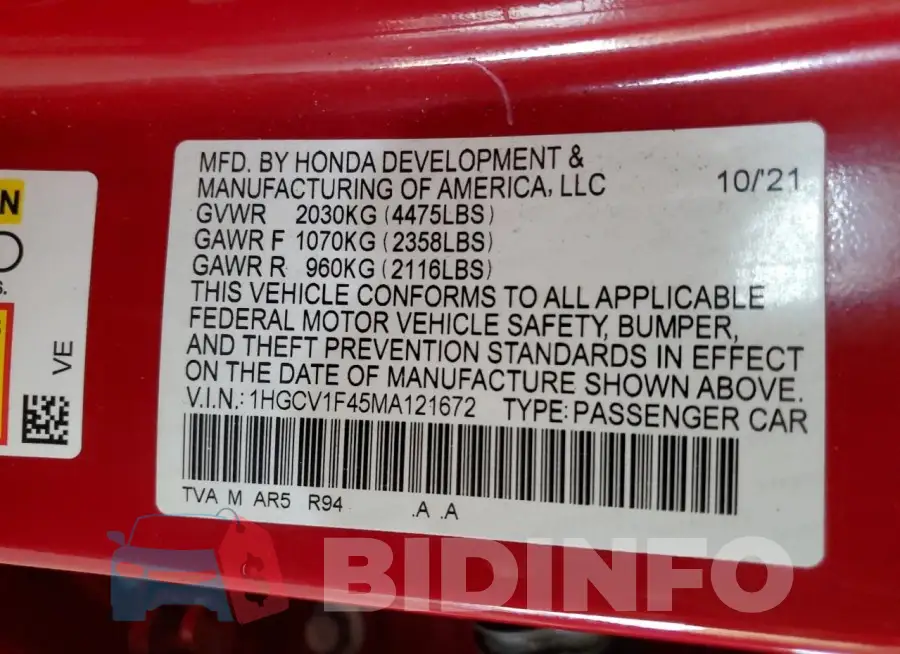 1HGCV1F45MA121672 Photo# 12