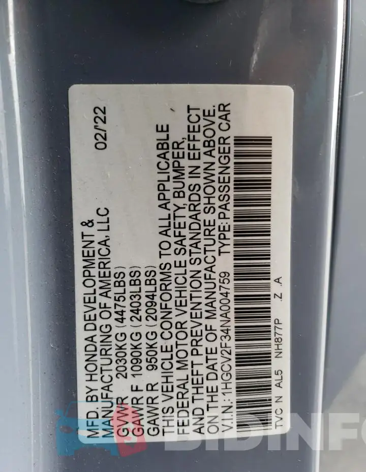1HGCV2F34NA004759 Photo# 12