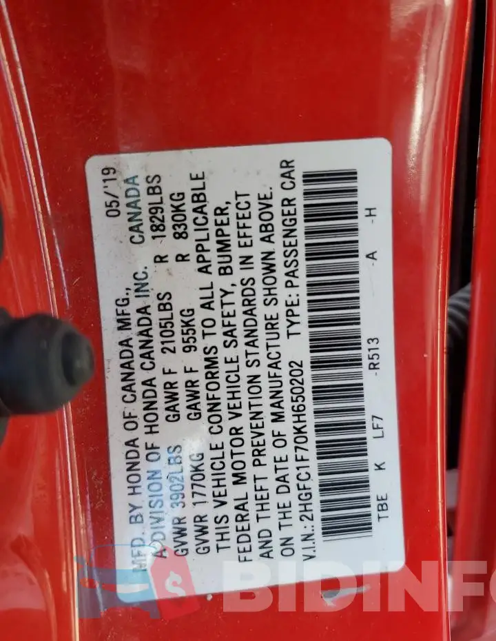 2HGFC1F70KH650202 Photo# 12