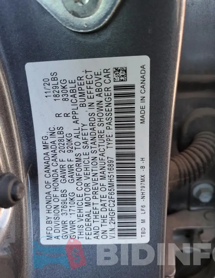 2HGFC2F65MH516897 Photo# 13
