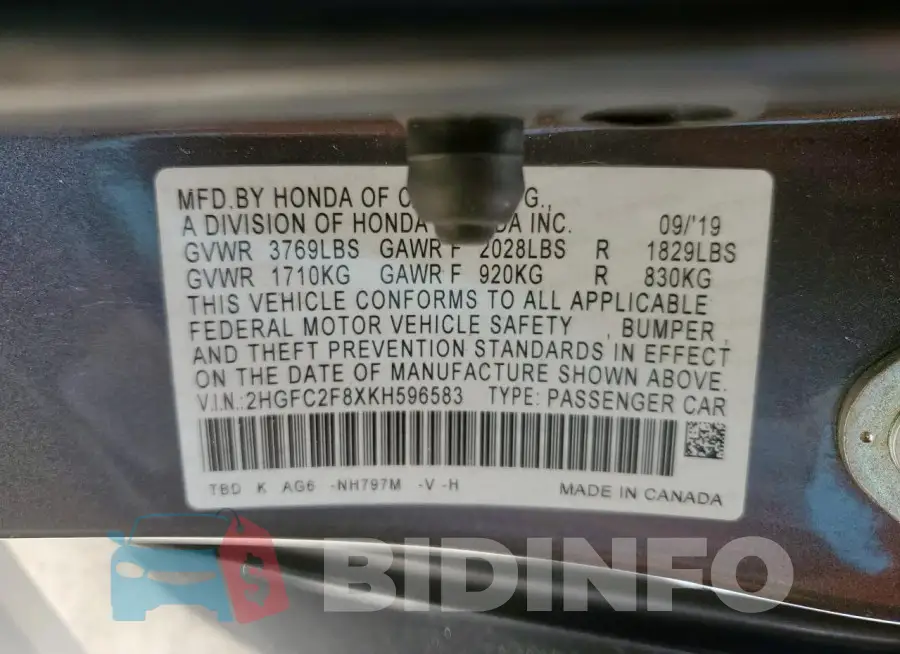 2HGFC2F8XKH596583 Photo# 12