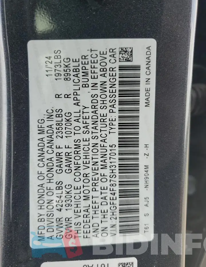2HGFE4F87SH317015 Photo# 13