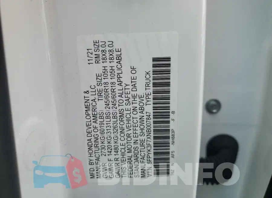 5FPYK3F7XNB007847 Photo# 13