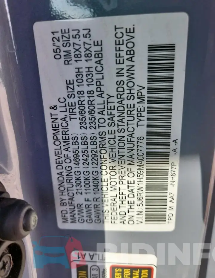 5J6RW1H59MA007776 Photo# 14