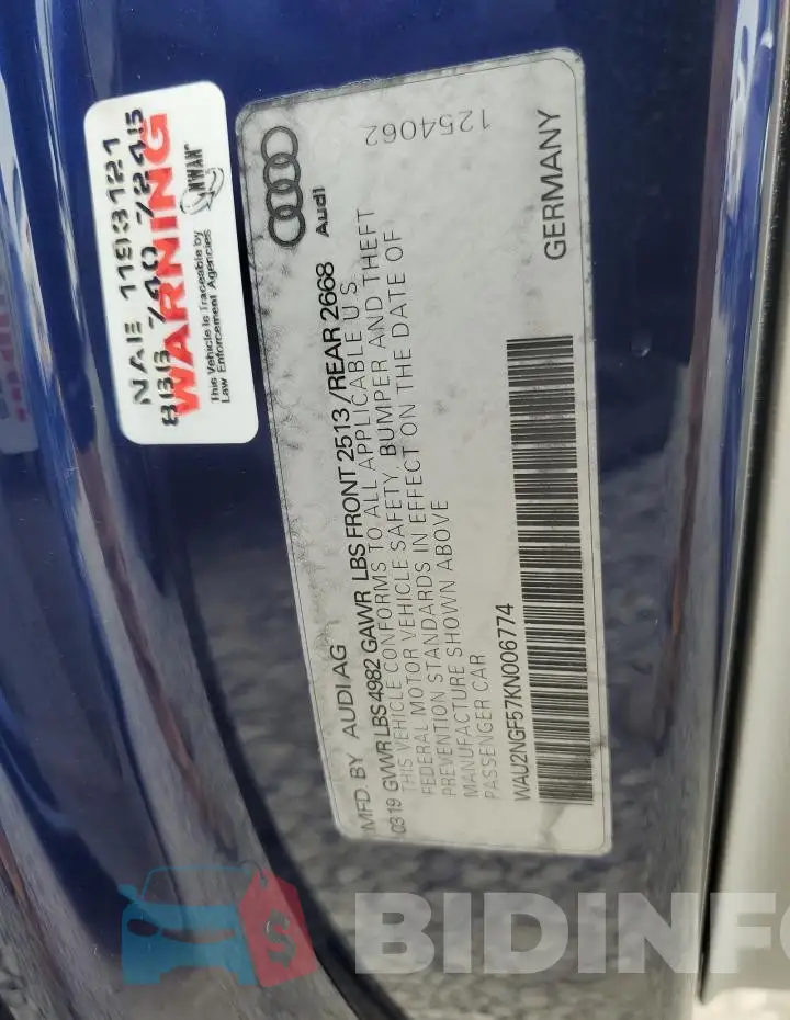 WAU2NGF57KN006774 Photo# 13