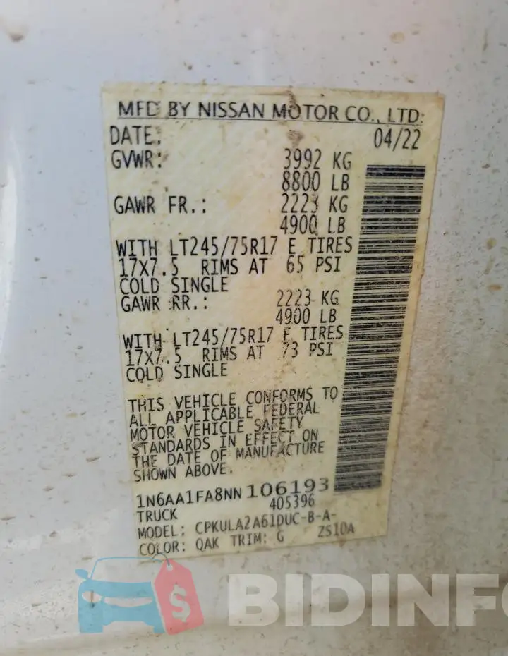 1N6AA1FA8NN106193 Photo# 12