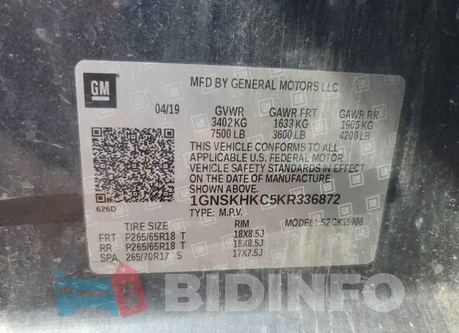 1GNSKHKC5KR336872 Photo# 13