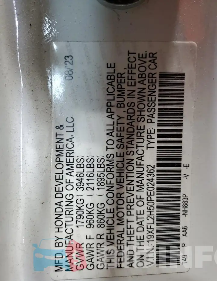 19XFL2H50PE024362 Photo# 12