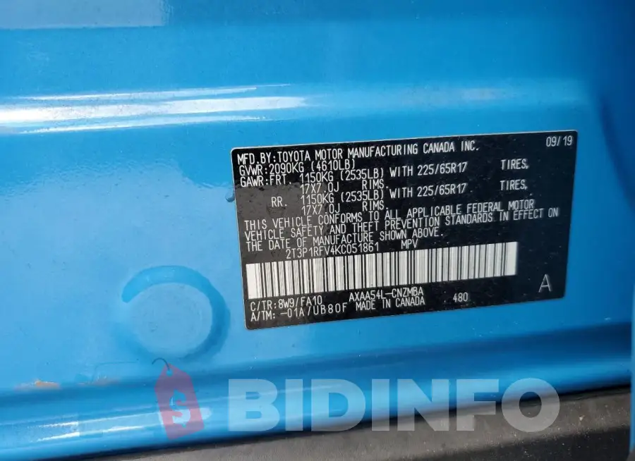 2T3P1RFV4KC051861 Photo# 13