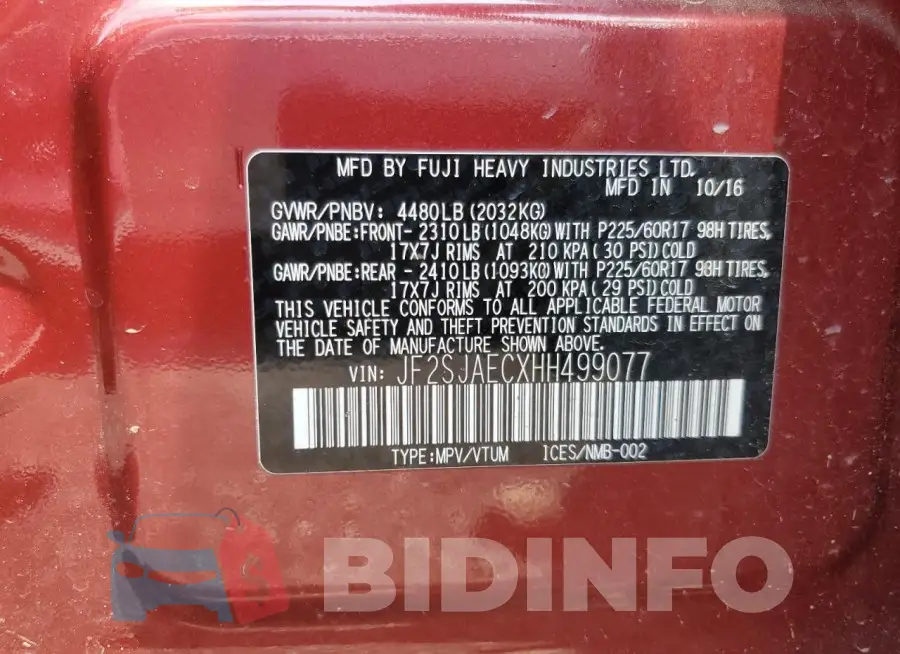 JF2SJAECXHH499077 Photo# 13