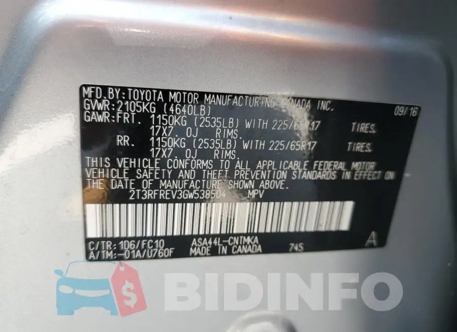 2T3RFREV3GW538504 Photo# 13