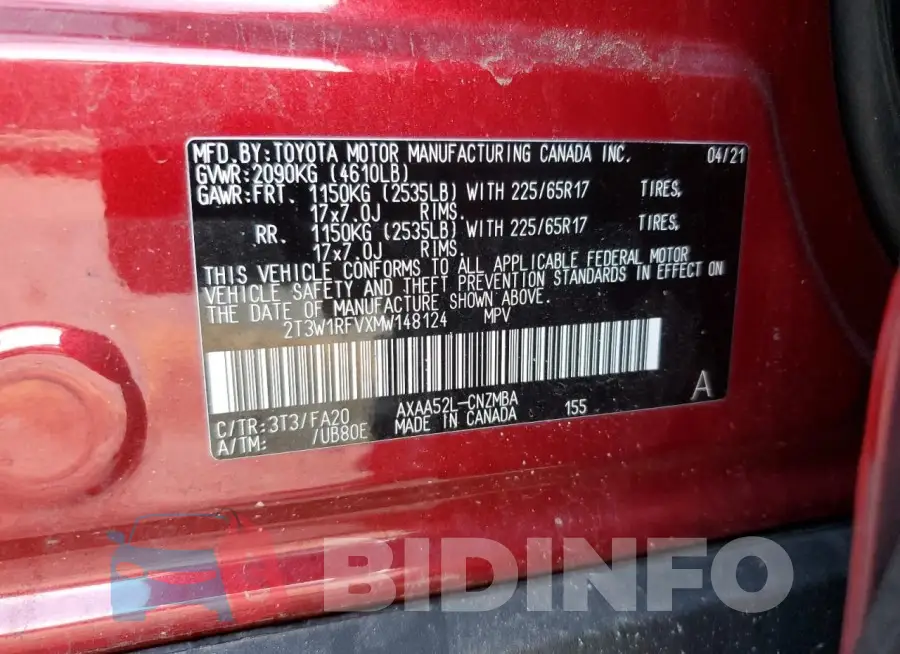 2T3W1RFVXMW148124 Photo# 13