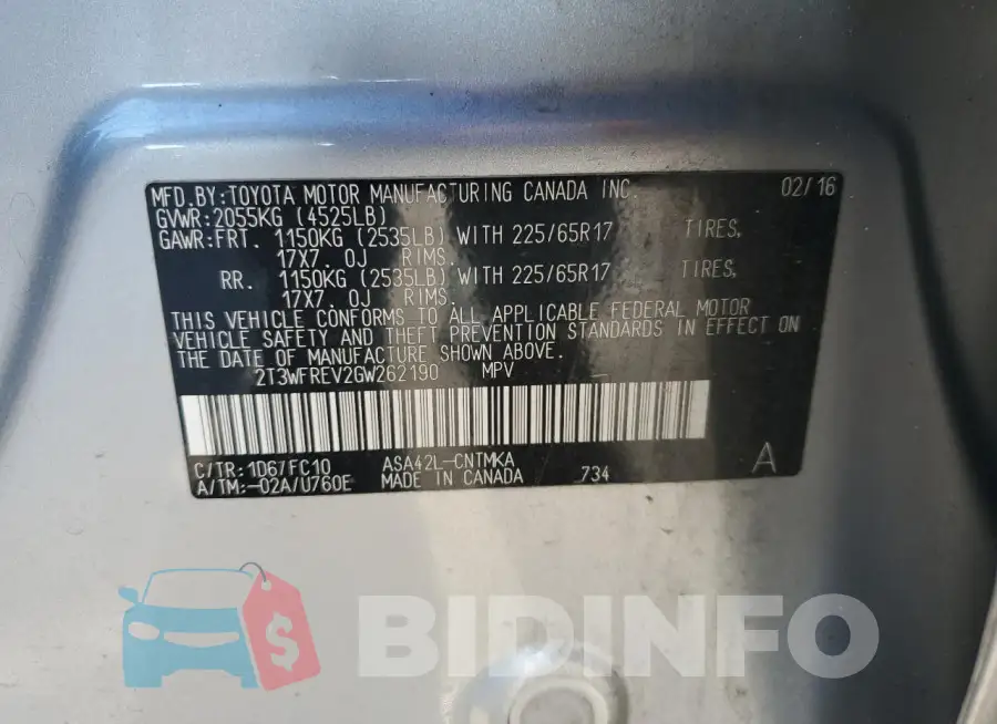 2T3WFREV2GW262190 Photo# 12