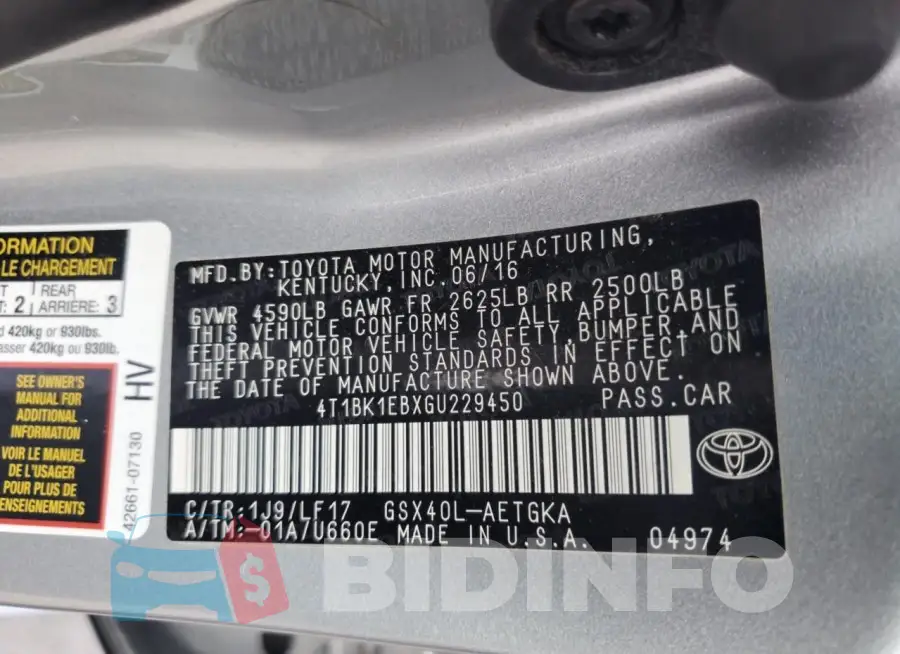 4T1BK1EBXGU229450 Photo# 13