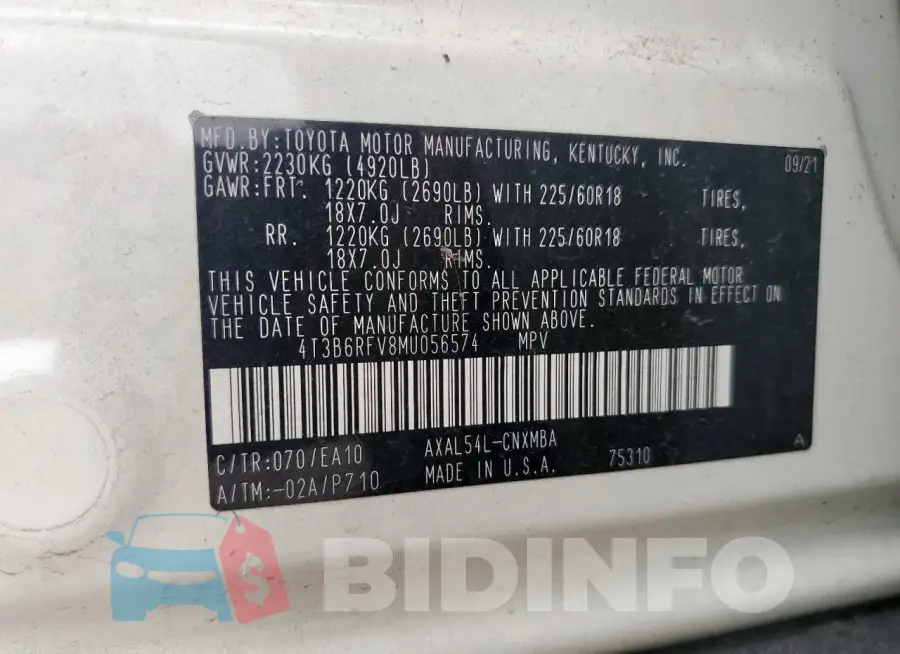 4T3B6RFV8MU056574 Photo# 12
